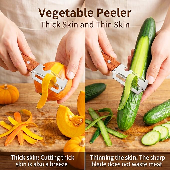 Multifunctional Vegetable Peeler for Kitchen,3 in 1 Stainless Steel Peeler with Wooden Handle and Bottle Opener Fruit Peeler Knife Scallion Shredder,Zero Snag Wooden Kitchen Tool