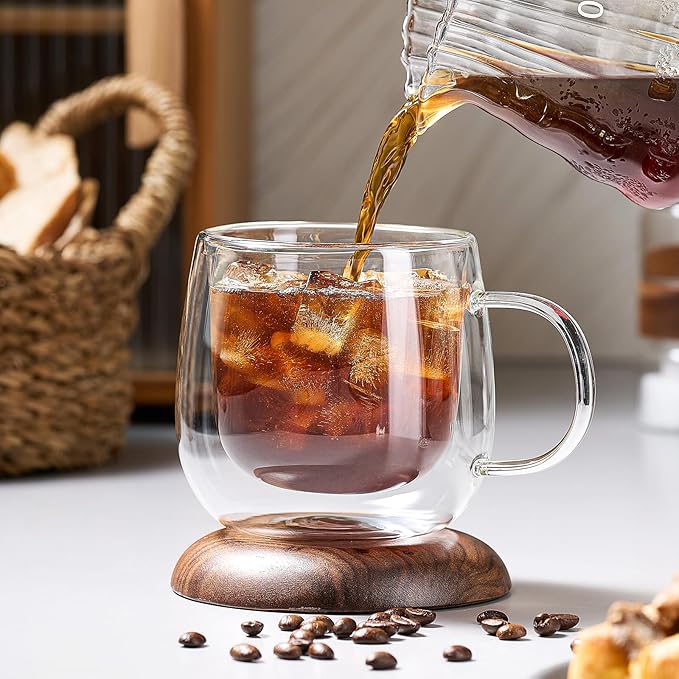 4 Pack Double Walled Glass Coffee Mugs, 16 oz Large Insulated Clear Coffee Cups with Handle, Cappuccino Mug for Espresso, Latte, Americano, Tea Bag, Beverage, Heat & Cold Resistant