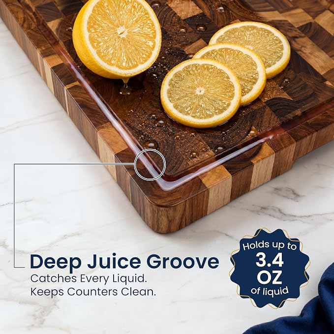 HOMESTEAD End Grain Acacia Wood Cutting Board for Kitchen 18x14x1.25 in, Large Butcher Block Chopping Board for Meat Vegetables with Juice Groove, Sorting Compartments, Handles, Knife-Friendly Surface