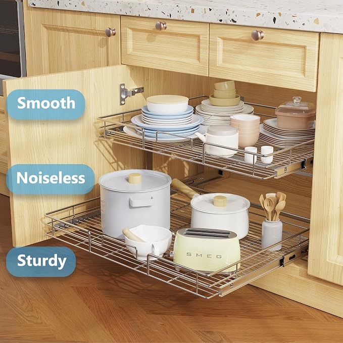 LOVMOR Individual Pull Out Cabinet Organizer, 2 Tier Slide Out Cabinet Drawers, Pots and Pans Organizer and Storage Pantry Shelf for Kitchen (28½" W x 21½" D)