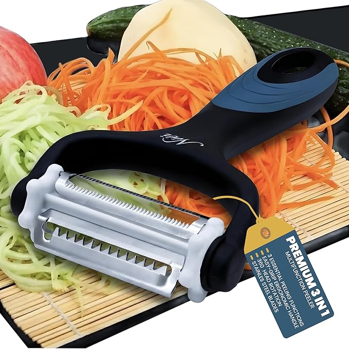 3-in-1 Vegetable Peeler & Julienne Peeler with 360° Rotating Stainless Steel Blades– Multifunction Julienne Cutter, Shredder & Slicer with Soft Handle-Fruits, Potato, Papaya Cucumber & Carrot Peeler