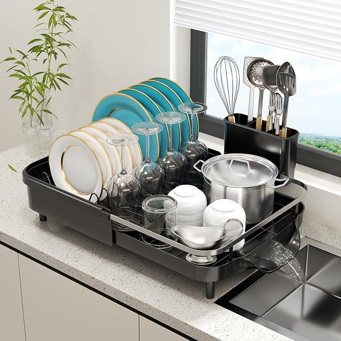 Expandable Dish Drying Rack，Dish Rack for Kitchen Counter-Dish Drainer with Efficient Drainage, Drainboard Set, and Utensil Holder, Over the Sink Dish Drainer Drying Rack