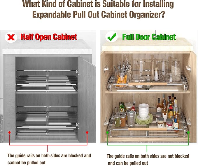 2Pack Pull Out Cabinet Organizer, 12.2~17.9"W x 22.5"D Expandable Pull Out Shelves for Kitchen Cabinets, Heavy Duty Metal Slide Out Pantry Shelves Sliding Shelf for Home Kitchen,Under Sink,Wardrobe
