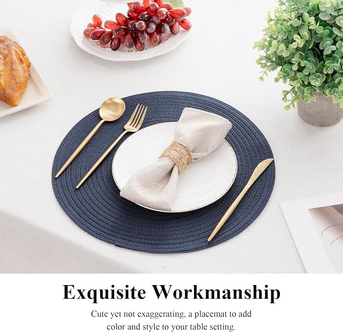 SHACOS Round Placemats Set of 8 Washable 15 inch Round Table Mats Cotton Polyester Woven Braided Place Mats for Dining Table, Navy