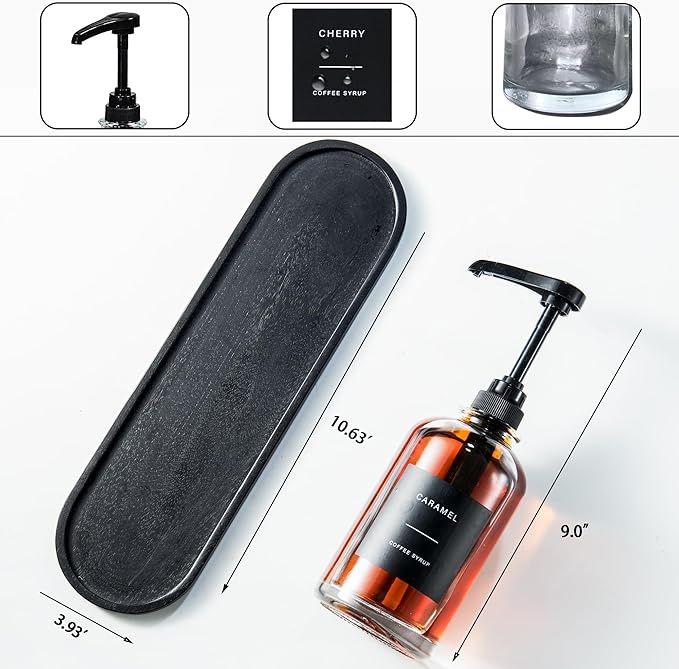 Coffee Syrup Dispenser for Coffee Bar, Glass Syrup Bottle with 1/4 oz Large Capacity Pump, Syrup Pump Dispenser with Pump for Coffee Station, Black with Tray,16.9oz, Set of 3