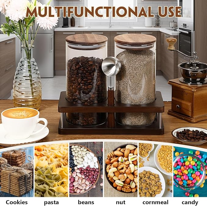 Suclain Glass Coffee Grounds Container with Shelf 2 x 44 oz Glass Coffee Bean Storage Canisters with Airtight Thread Lid and Measuring Spoon Food Storage Jars for Kitchen Sugar(Clear Style)
