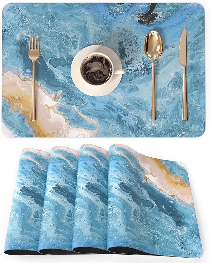 QIYI Placemats Set of 4, 12x18 Inch Faux Leather Place Mats for Kitchen Dinning, Heat Resistant Non Slip Pink Table Mats, Waterproof Wipeable Washable Placemat Party Table Décor, Blue Fluid Marble