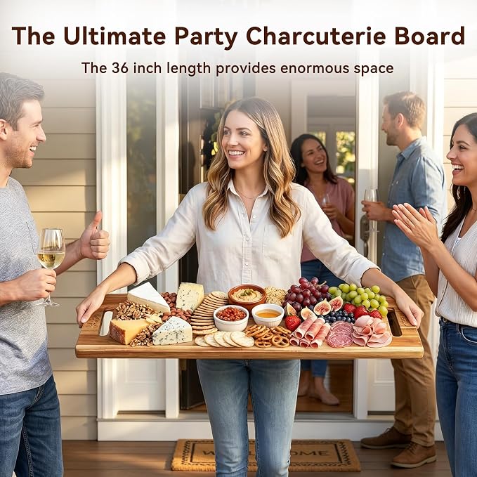 LDQ 36 Inch Extra Large Charcuterie Board, Acacia Wood Long Serving Board with Handles and 2 Stands, Rectangular Cheese Platter, Cutting Board and Serving Tray for Meat, Party Appetizers