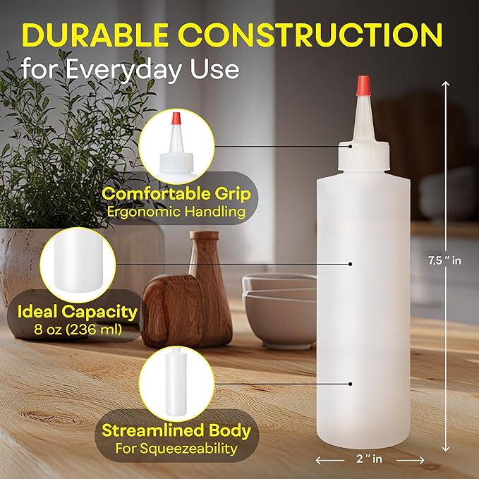 Condiment Squeeze Bottles, 8 OZ Empty Squirt Bottle, Red Top Cap, Leak Proof - for Ketchup, Mustard, Syrup, Sauces, Dressing, Oil, Arts & Crafts, BPA FREE Plastic - Perfect for Kitchen - 2 PACK
