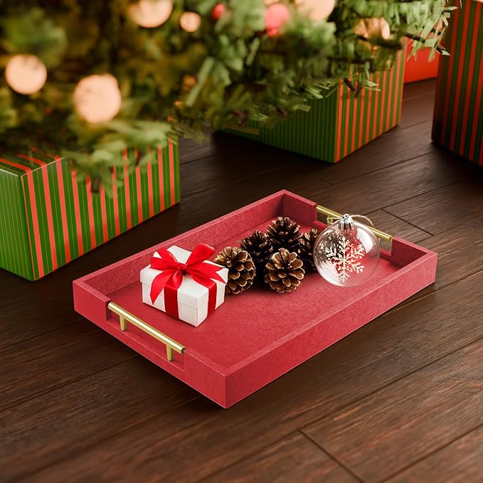 ATZYmolin 17"" x 12"" Wood Serving Tray with Gold Polished Metal Handles, Home Decorative Wooden Rectangle Ottoman Leather Decor Platter Bathroom Vanity Tray for All Occasions Red