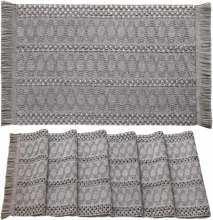 ZeeMart Macrame Style Boho Placemats Set of 6, Grey 12x20 Inch | Decorative Farmhouse Table Mats, Natural Cotton Woven Place Mats, Bohemian Home Decor for Kitchen Dining Table