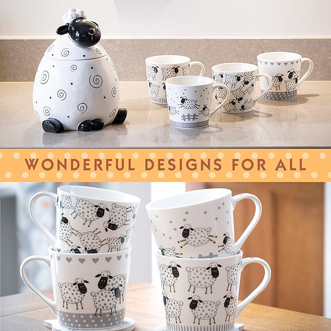 SPOTTED DOG GIFT COMPANY Animal Mugs, 13 oz Coffee Mug Set of 4, Ceramic Tea Cups with Black & White Sheep Designs, Microwave & Dishwasher Safe, Sheep Gifts for Women & Men