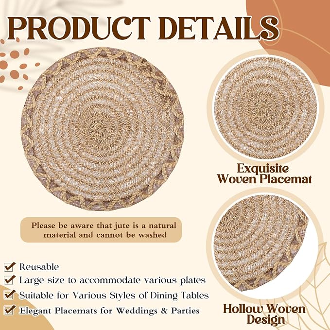 12 Set 15 Inch Round Burlap Placemat Openwork Boho Jute Woven Charger Rustic Vintage Natural Brown Heat Resistant Dining Table Mat for Wedding Farmhouse Craft Home Summer Birthday Party Decor