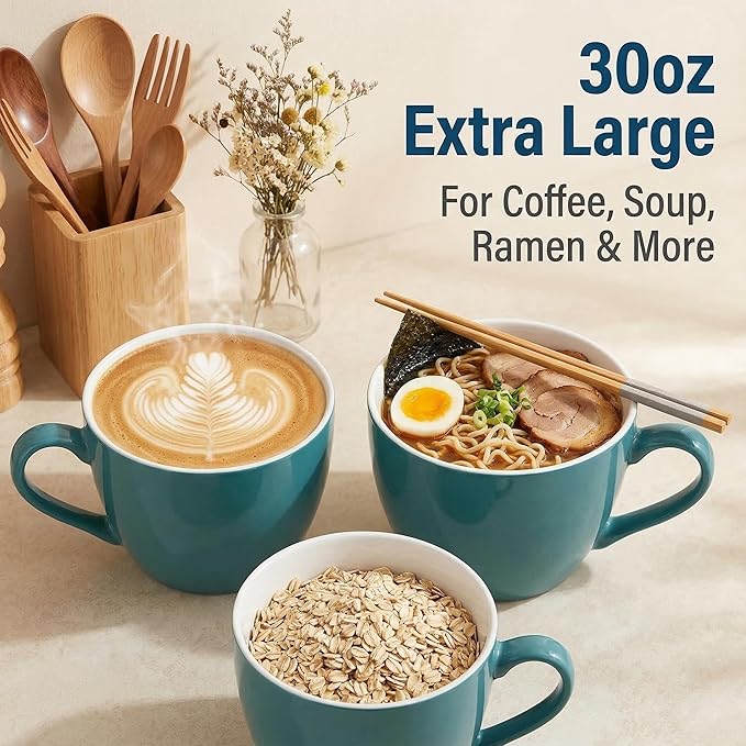 MECOWON 30 OZ Porcelain Coffee Mugs, Set of 2 Large Mugs for Soup, Cereal and Salad (Teal (bluish - green))