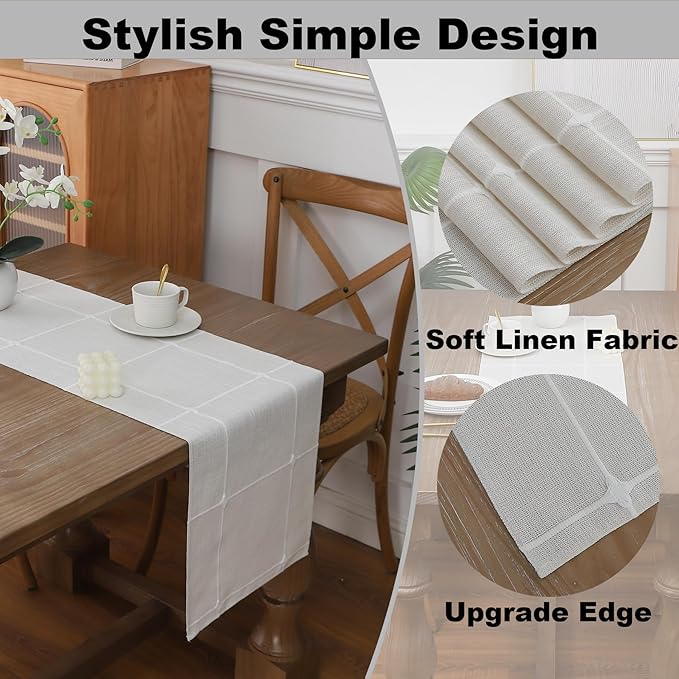 Gernaice Boho Table Runner, Modern Plaid Cotton Linen Farmhouse Table Runners for Dresser End Coffee Table Home Decor, 24" L X 13" W White