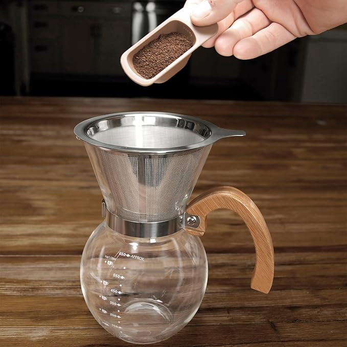 Fino Pour-Over Coffee Maker, Borosilicate Glass and Bamboo Handle, Stainless Steel Filter, 4-Servings, 22-Ounce Capacity
