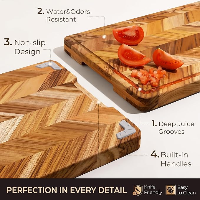 Teak Wood Cutting Board for Kitchen Extra 20'' Large End Grain Heavy Duty Checkered Wooden Cutting Board Non Toxic Herringbone Non Slip Charcuterie Butcher Block Juice Groove Handle Gift Box