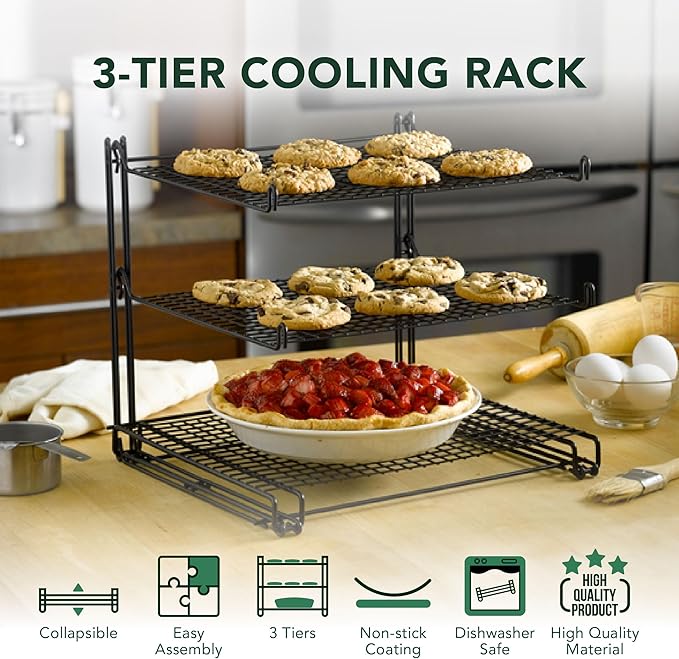 Nifty 3-Tier Cooling Rack – Non-Stick Coating, Wire Mesh Design, Dishwasher Safe, Collapsible Kitchen Countertop Organizer, Use for Baking Cookies, Cakes, Pies