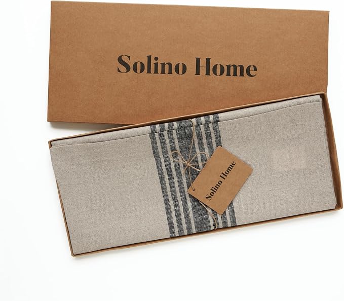 Solino Home Stripe Linen Table Runner 48 Inches - 100% Pure Linen Black and Natural Farmhouse Table Runner 14 x 48 Inch Ideal for Dresser and Coffee Tables - Summer