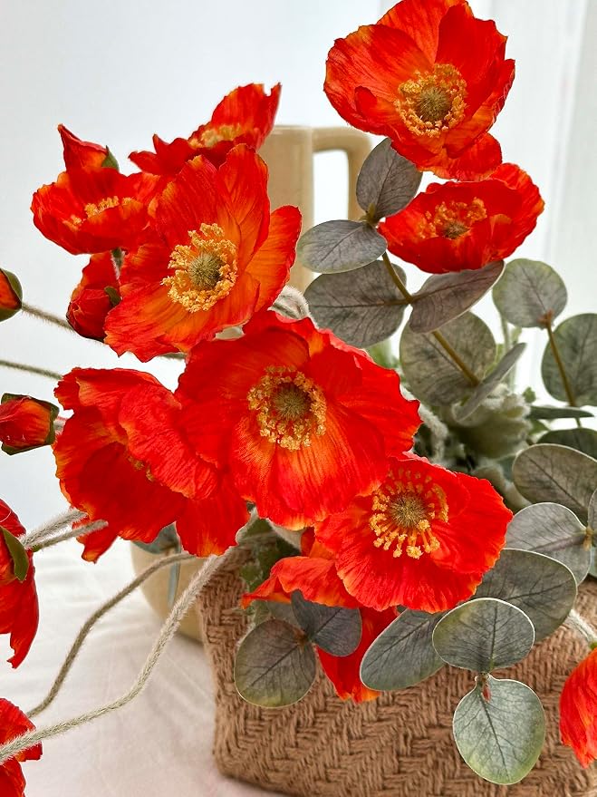 Artificial Poppy Flowers and Eucalyptus Stems for vase, Fake Blush Pink Silk Flowers Arrangement for Home Dining Kitchen Table Centerpieces, Office Decor, Farmhouse Decor (Blush Pink)