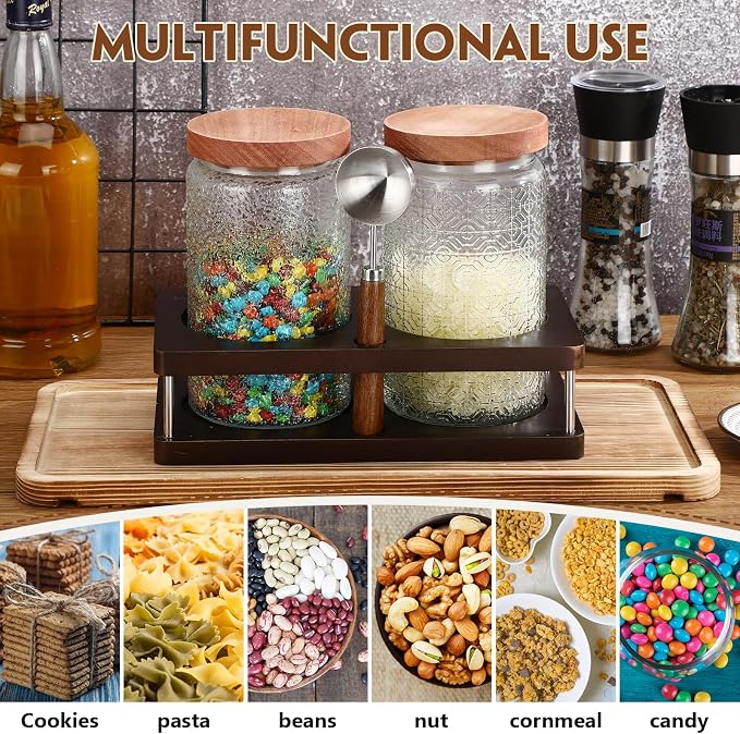 Suclain Glass Coffee Grounds Container with Shelf 2 x 34 oz Glass Coffee Bean Storage Canisters with Airtight Thread Lid and Measuring Spoon Food Storage Jars for Kitchen Sugar(Classic Style)