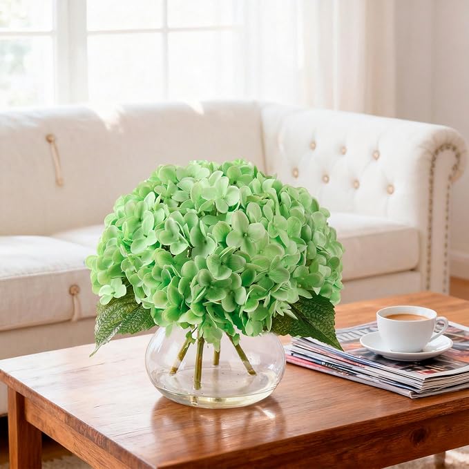 Real Touch Faux Hydrangea Flowers in Glass Vase, No Watering Needed Silk Hydrangea Artificial Flowers for Farmhouse Wedding Decor Dining Table Centerpiece Bedroom Decor
