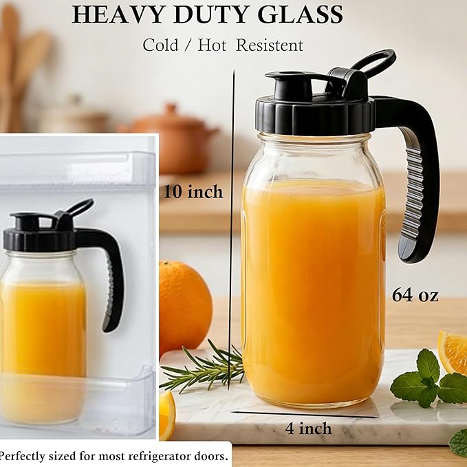 Glass Mason Jars Pitcher Half Gallon With Pour Spout Lid (2 Set) 2 Quart Wide Mouth Fridge Breast Milk Pitcher Airtight Leak Proof 64 oz Jug With Top Flip Cap For Cold Brew Coffee, Iced Tea, Beverage