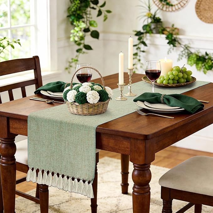 yuboo Sage Green Table Runner 48 Inches - Boho Farmhouse Coffee Table Runner for Living Room, Easter Decor, Spring Macrame Runner for Round Table & TV Stand