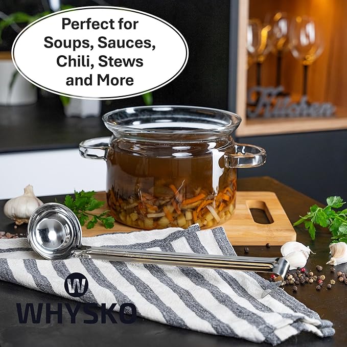 Whysko Soup Ladle Stainless Steel, 2 oz Metal Ladle Spoon, Rustproof Heat Resistant Materials for Cooking and Serving Soups and Sauces, Commercial Grade for Restaurants Catering and Kitchen Essentials