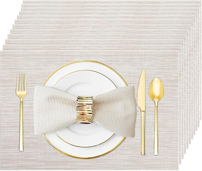 Placemats Set of 12 Washable&Wipeable Place mats for Dining Table Kitchen Indoor Outdoor Table Mats Heat Resistant Non Slip Woven Vinyl Table Placemats (Beige，12PCS)