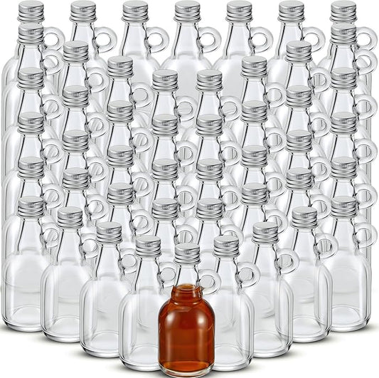 Suclain 48 Pcs 1.7oz Mini Glass Syrup Bottles Small Syrup Jars with Loop Handle and Lids Clear Glass Reusable Maple Jars Container Stout Sample Bottle for Potion Juice Milk Storage Sauce Oil