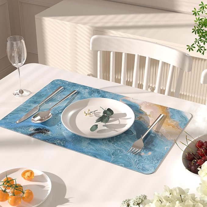 QiyI Placemats Set of 6, 12x18 Inch Faux Leather Place Mats for Kitchen Dinning, Heat Resistant Anti Slip Pink Gold Table Mats, Waterproof Wipeable Washable Placemat Party Table Décor, Blue Marble