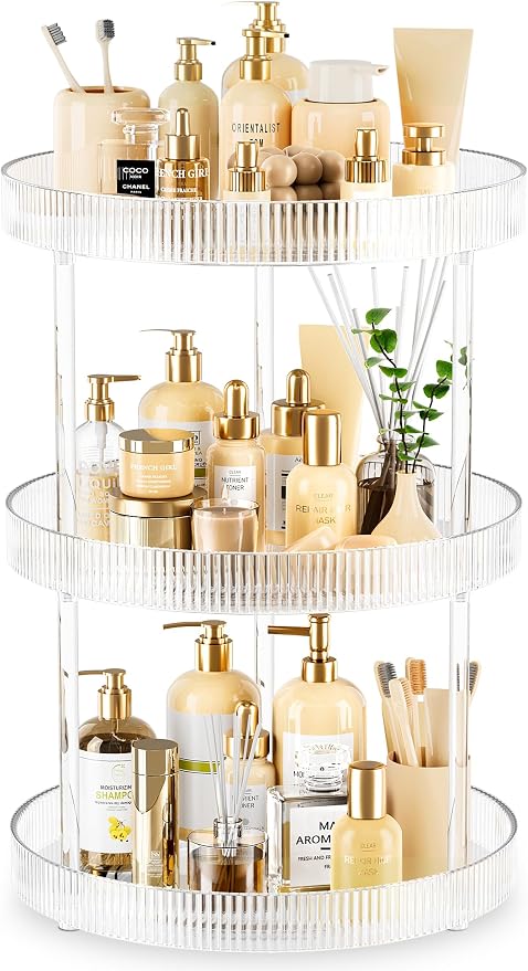 3-Tier Lazy Susan Bathroom Countertop Organizer, 360° Clear Rotating Storage Tray, Cosmetics and Perfume Organizer, Spinning Storage Tray Vanity Organizer Shelf for Bathroom Cabinet, Kitchen(Medium)