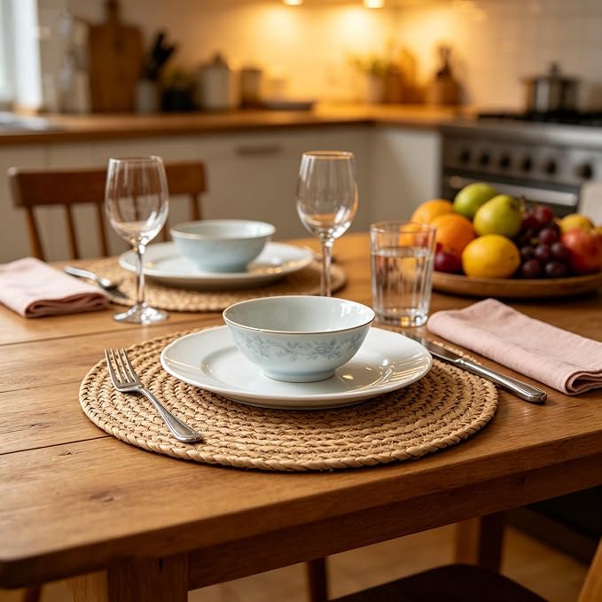 UNZTMH®13.5 Inch Round Braided Placemats Set of 6 | Natural Water Hyacinth, Rattan & Jute Woven Mats | Heat Resistant Non-Slip for Kitchen, Dining, Party & Holiday Decor