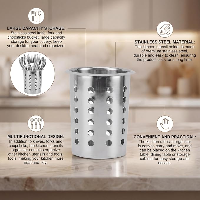 Luqeeg Stainless Steel Utensil Holder, Large Capacity Cutlery Storage, Flatware Cylinder with Simple Stylish Design for Countertop Kitchen Table Dining Table (With Holes)