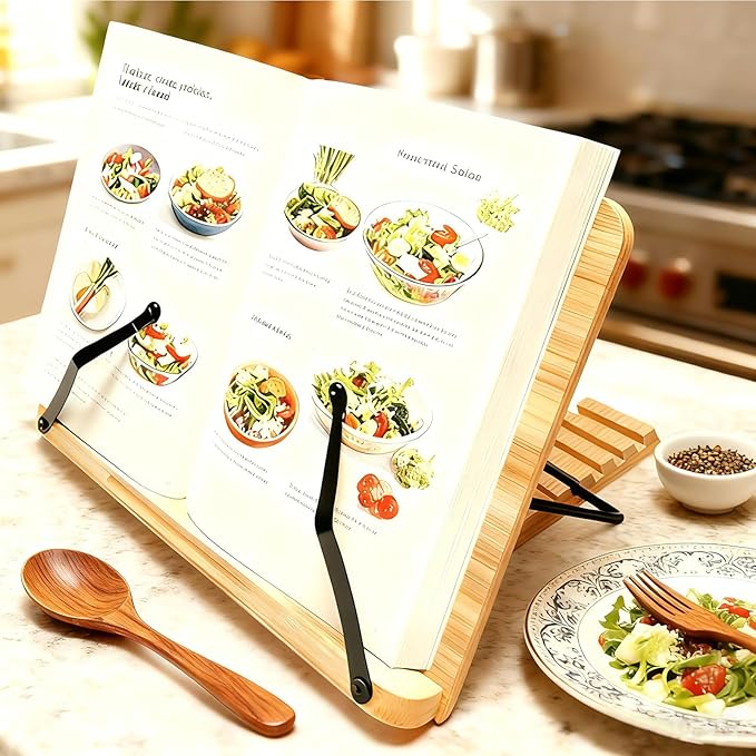 Cookbook Stand for Kitchen Counter, 5-Level Adjustable Elegant Bamboo Recipe Book Holder, All-in-One Design Locks Flat for Easy Storage, Holds 1 inch Thick Books for Cooking, Working, and Studying
