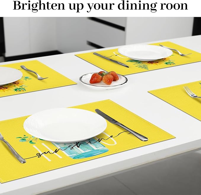 Bloss Yellow Hello Sunshine Sunflower Summer Placemats Set of 4, 12 x 18 Inch Spring Seasonal Holiday Decoration Rustic Vintage Washable Table Mats, Placemats for Dining Table