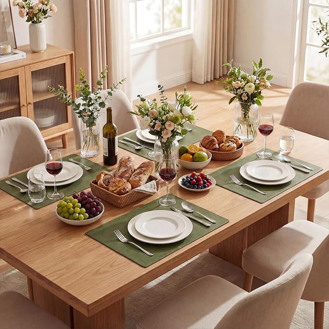 Artoid Mode Olive Green Faux Leather Placemats Set of 8, 12x18 Inch Waterproof Wipeable Heat Resistant Vinyl Place Mats, Reversible Table Mats for Kitchen Dining Decor