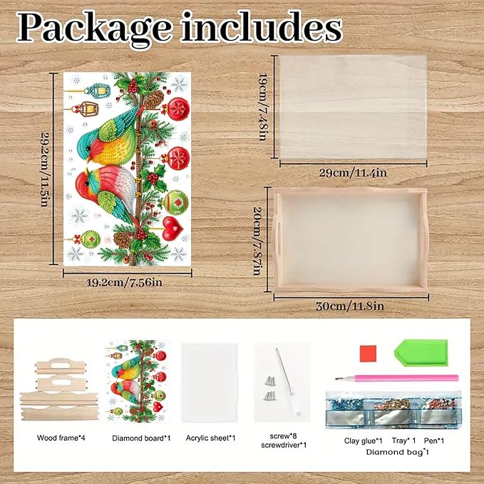 BAYUNOE DIY Diamond Serving Tray Christmas Rectangular Breakfast Tray with Handle Handmade Diamond Art Painting Wooden Tray for Dinner Plate Coffee Room Living Home Organizer-Colorful Bird