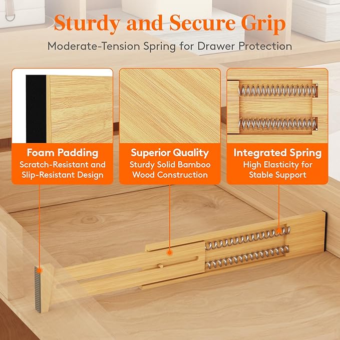 Lifewit 2.4" High 6 Pack Bamboo Drawer Dividers 33-42cm/13-16.5" Adjustable Wooden Drawer Organizer for Clothes/Utensils, Expandable Drawer Separator for Dresser/Kitchen/Bedroom/Office Organization