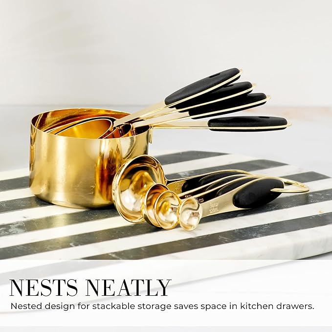 Styled Settings Black and Gold Measuring Cups and Spoons Set - 8PC Stainless Steel Measuring Spoons and Cups Set for Precise Baking & Cooking - Stylish Black and Gold Kitchen Accessories