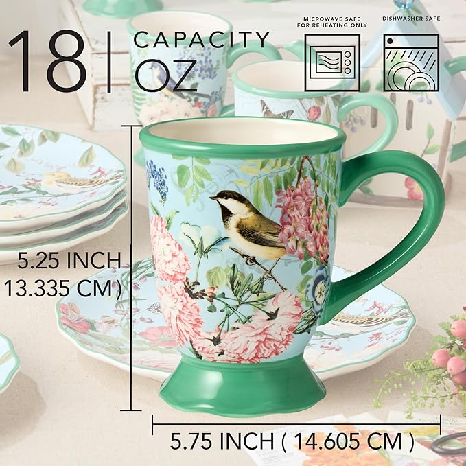 Flora Set of 4 Pedestal Mugs – 16-Ounce Ceramic Mugs with Vibrant Floral, Butterfly, and Dragonfly Designs, Durable Tableware for Coffee, Tea, and Hot Beverages
