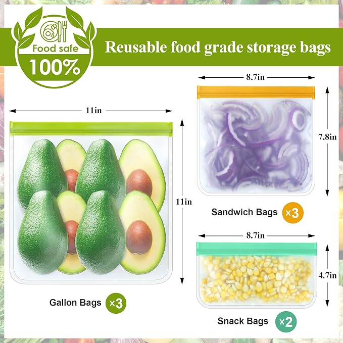 8 Pack Silicone Bags Reusable Storage Silicone Bags-3 Reusable Gallon Freezer 3 Sandwich 2 Snack Bags, Leakproof Food Storage Containers for Home Work