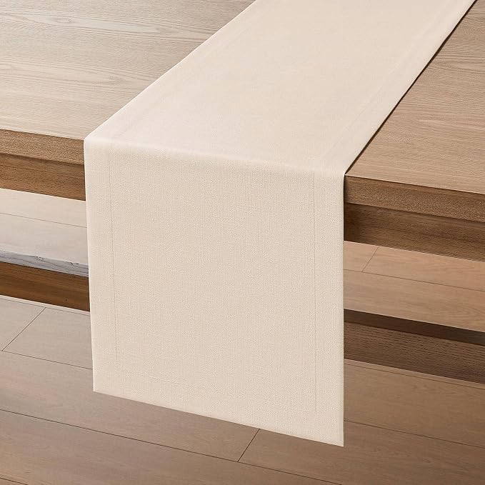 ZeeMart Linen Textured Border Table Runner, 14 x 60 Inch Cream, Farmhouse Style Cream Table Runners 60 Inches Long, Easy Care Everyday Polyester Table Runner
