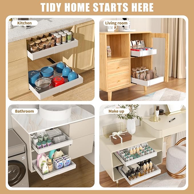Pull Out Cabinet Organizer, Width Expandable (11.7"-19.7") Heavy Duty Slide Out Drawers Fixed with Adhesive Nano Film for Pots, Roll Out Shelf Storage For Kitchen,Pantry,Garage,Bathroom Storage