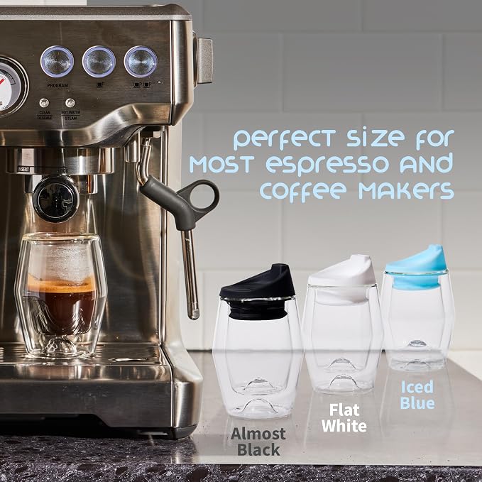 To-Go Espresso Glass Travel Mug with Lid, Reusable Double Wall Glass Tumbler, Fits Most Coffee Makers/Cupholders for Your Car, Gifts for Coffee Lovers, 2-Pack Almost Black Cortado Cups