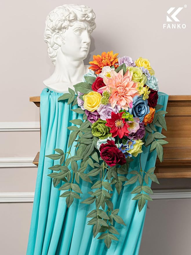 FANKO Artificial Flowers for DIY, Rainbow Multicolor Faux Flowers Bouquet, Colorful Fake Rose Daisy Lily Silk Flowers for Vase, Home Decor, Garland, Wedding, Birthday, Party, Romantic Celebration