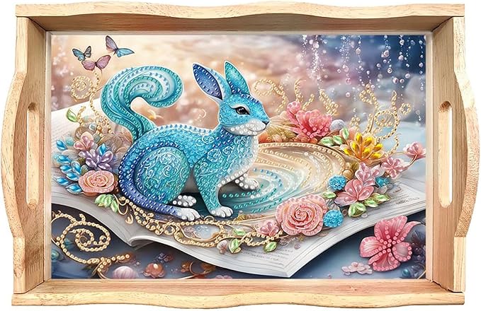 DIY Diamond Serving Tray Diamond Art Painting Creative Design Handmade Wooden Tray Dinner Plate for Coffee Breakfast Home Organizer-Blue Rabbit