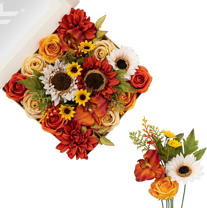 FANKO Artificial Flowers for DIY, Orange Yellow Brown Red Faux Flowers Bouquet, Fake Rose Sunflowers Dahlia Daisy Silk Flowers for Vase, Home Decor, Garland, Summer Wedding, Birthday, Party