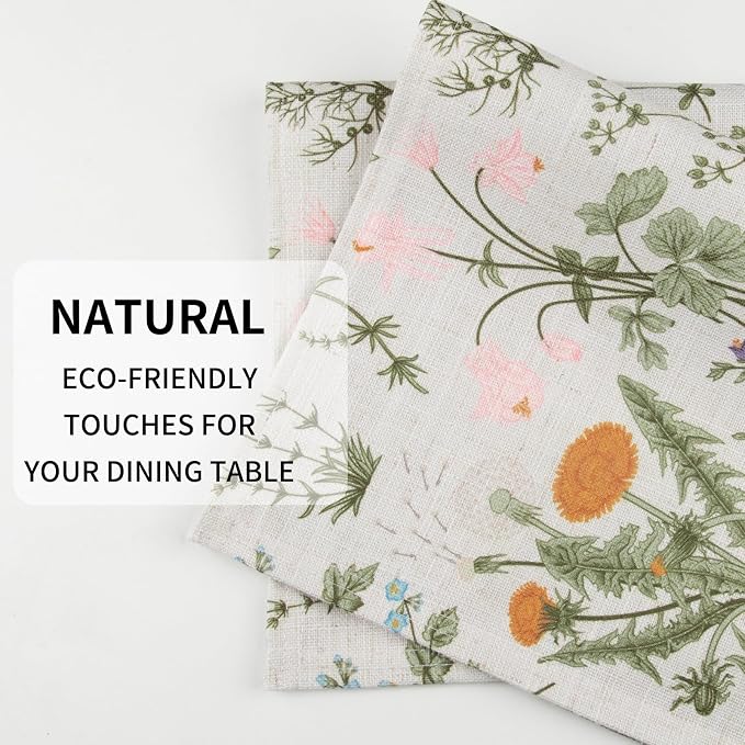 QiyI Boho Placemats Set of 4, 12x18 Inch Linen Fabric Floral Place Mats for Kitchen Dinning, Farmhouse Rustic Cloth Table Mats, Washable Placemat Botanical Party Table Décor, Wildflowers Herbs